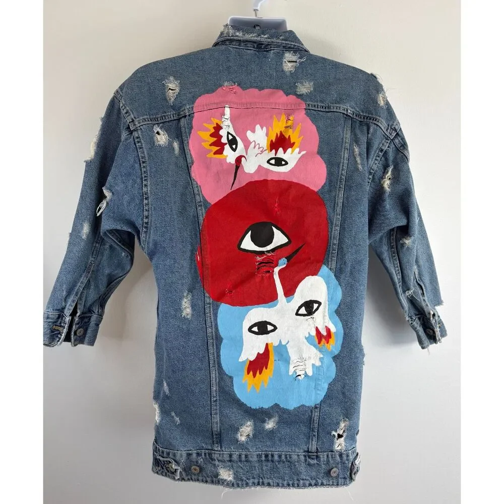 Zara TRF X Ricardo Cavolo Collab Painted Jacket Denim Oversized Distressed - Picture 1 of 4